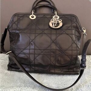 Authentic Christian Dior Granville Cannage LargHandbag Black Lambskin 2-Way Tote